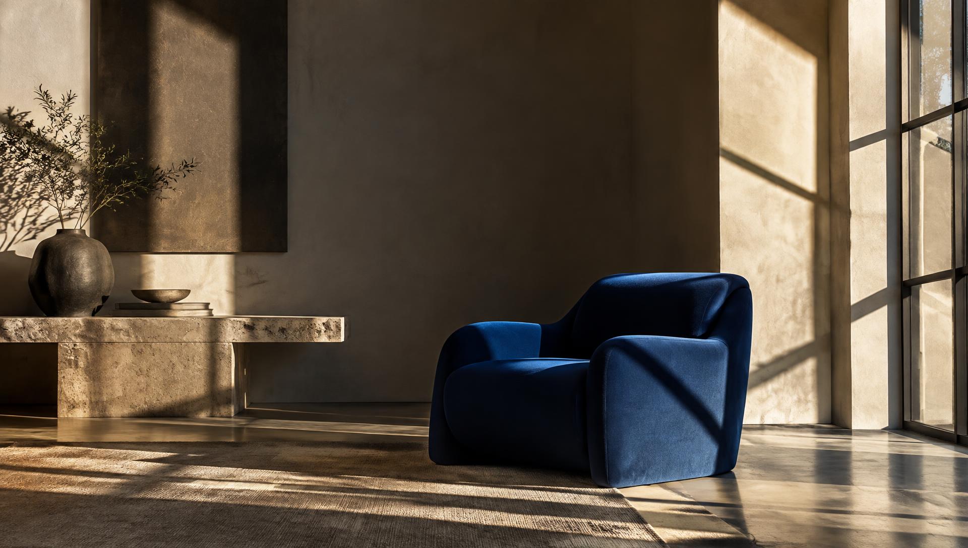 A cobalt lounge chair in a warm architectural room with late-afternoon shadows