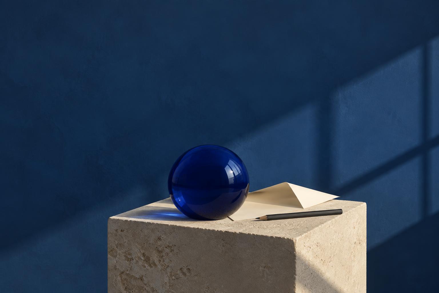 A cobalt glass sphere, folded paper and pencil on a limestone plinth