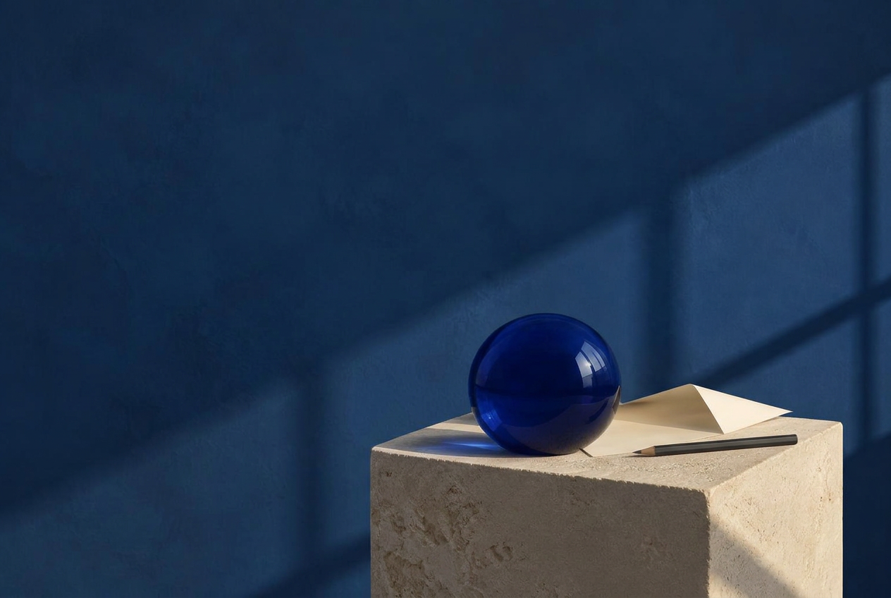 A cobalt glass sphere, folded paper and pencil on a limestone plinth